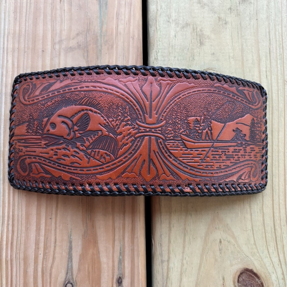 Vintage Hand Tooled Leather Wallet Fishing Scene Bass Whipstitch USA Made